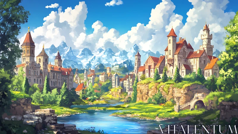 Sunlit riverside fantasy citadel rendered in luminous digital paint