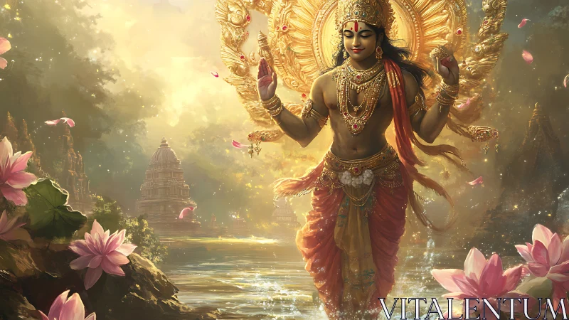 Radiant Hindu deity walks on lotus river in golden dawn