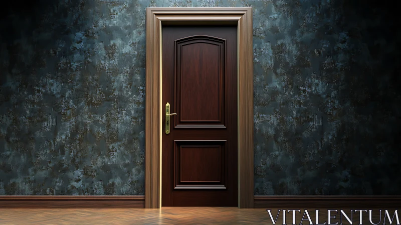 Midnight hallway door hums with quiet, expectant mystery.