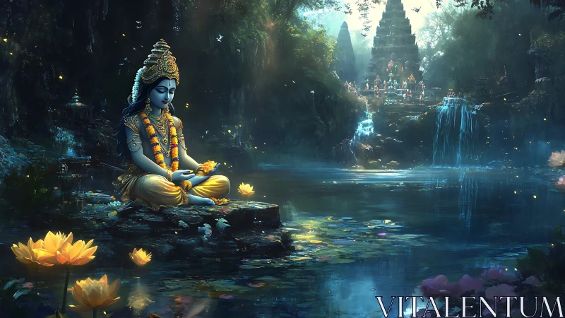 Divine blue figure meditating by luminous temple waterscape.