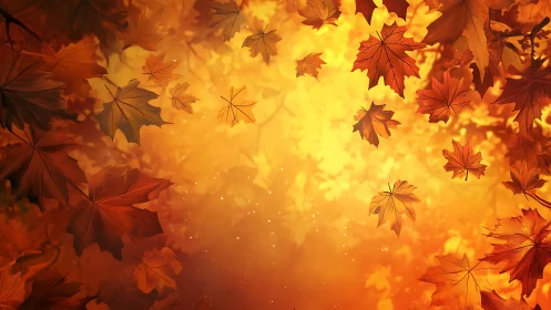Digital painting of drifting autumn maple leaves in warm glow.