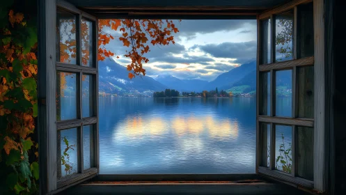 Open wooden window frames calm mountain lake at dusk