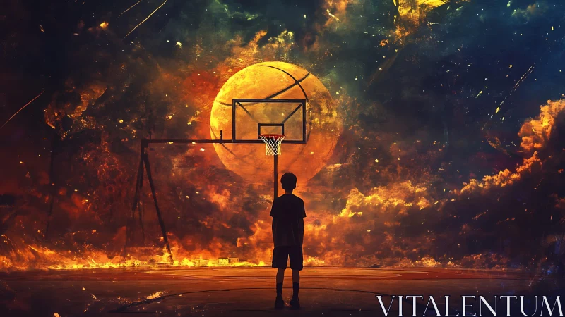 Silhouetted child on court before cosmic basketball moon scene.