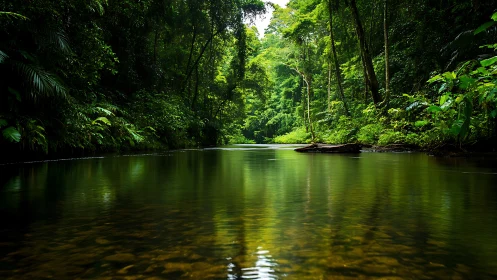 Tranquil rainforest river reflecting lush canopy overhead