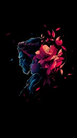 Dual human profiles with abstract floral red elements.