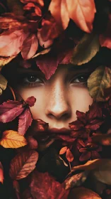 Human face framed by dense autumn foliage in close focus.
