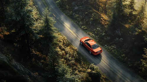 Red sports car glides through sunlit forest road at dawn.