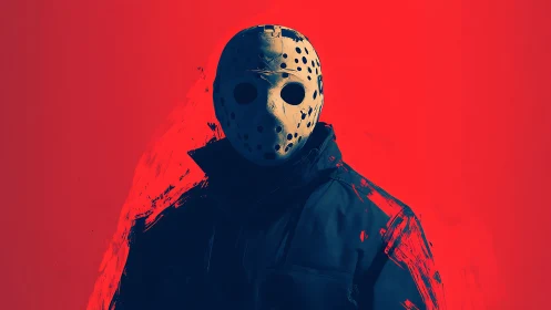 Masked figure in hockey mask against flat red background.