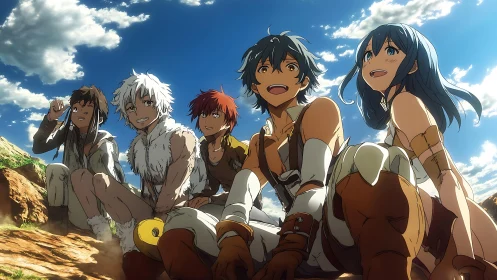 Adventuring friends rest on sunlit cliff under expansive sky