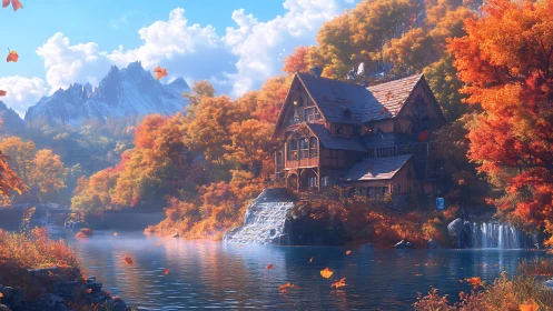 Lakeside timber lodge stands by waterfall in vivid autumn forest