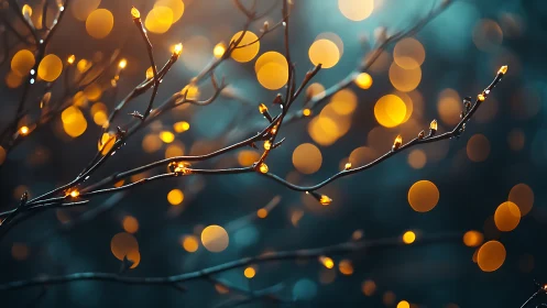 Tree branches with warm bokeh lights against teal background.