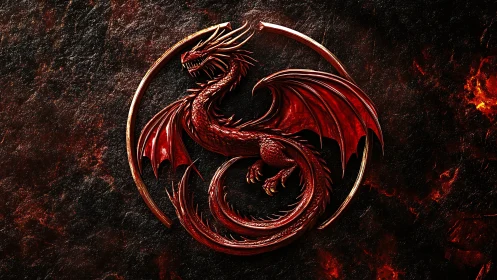 Ember-ringed crimson dragon crest over volcanic gloom.