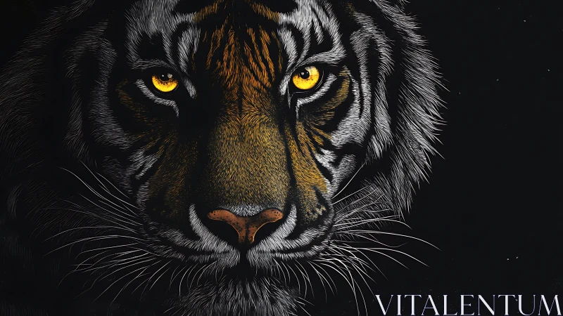 Tiger eyes burn through darkness in detailed digital portrait.