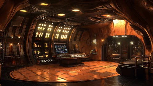 Rust-tinted starship control bay glowing with quiet power.