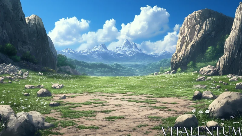 Expansive alpine valley framed by rocky cliffs in anime style