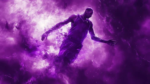 Cosmic basketball legend strides through violet nebula haze