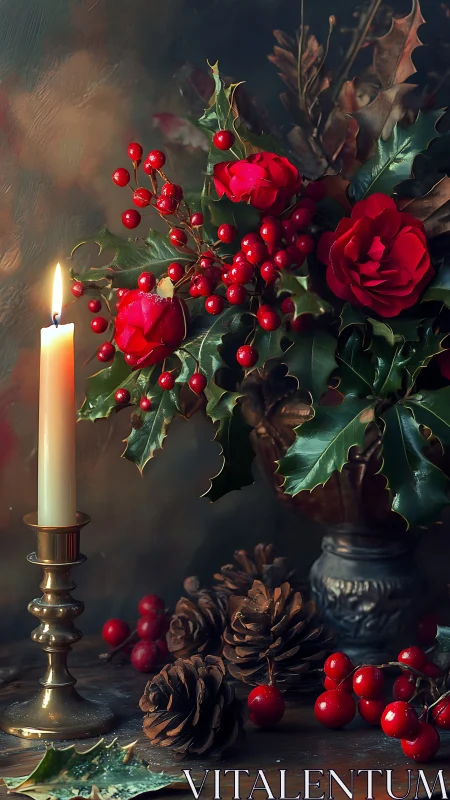 Candlelit holiday bouquet glows beside pinecones and berries.