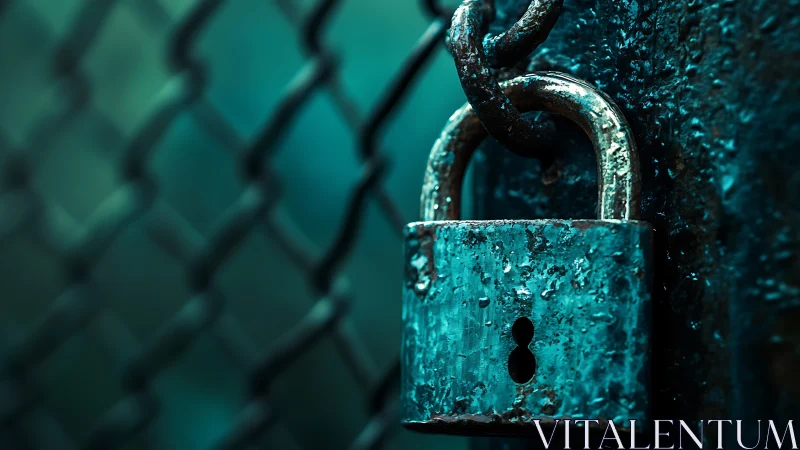 Rust-kissed padlock leans into teal shadows and keeps quiet
