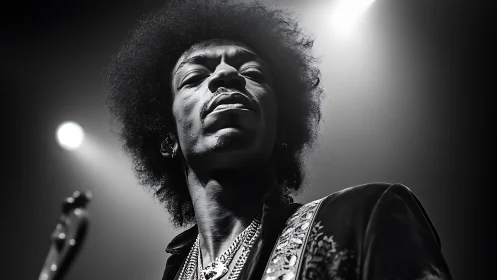 Black and white guitarist portrait captures raw stage power