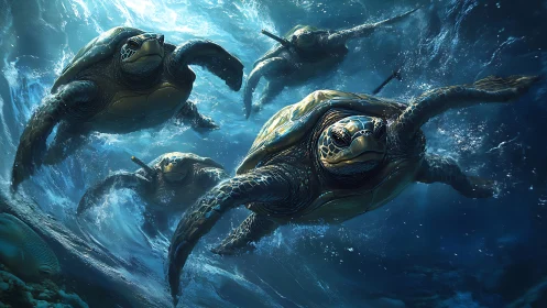 Dynamic digital painting of sea turtles in turbulent currents.