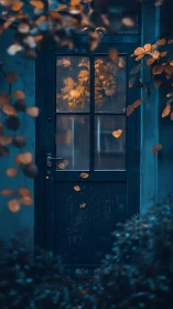 Moody blue door with wet glass framing warm bokeh foliage