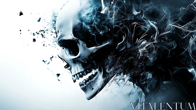 Fragmenting chromatic skull dissolves into abstract smoke motion