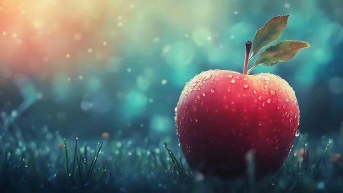 Dewlit red apple on grass with dreamy bokeh glow.