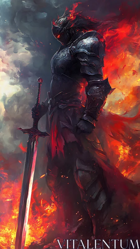 Flame crowned warlord strides through stormlit inferno.