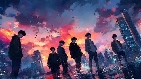 Urban silhouettes under saturated sunset sky reflections.