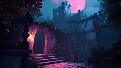 Moon-drenched ruin whispers beneath neon-magenta night.