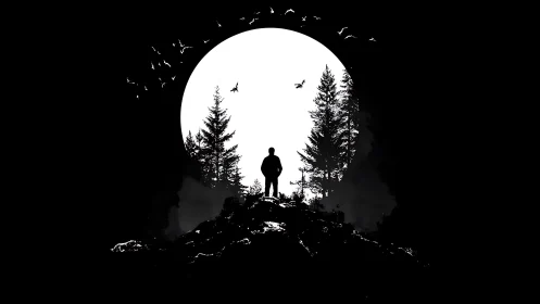 Lone wanderer crowns a moonlit ridge of whispering pines.