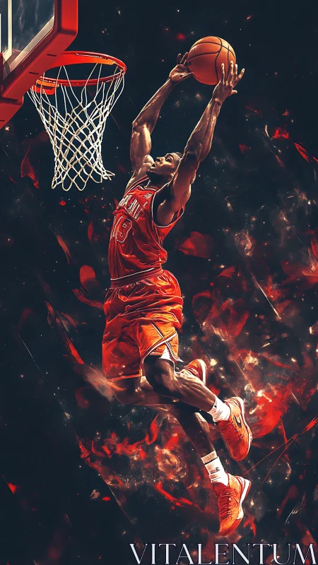 Basketball player dunking toward hoop in stylized motion scene.