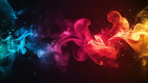 Colored smoke streams on dark background in digital render.