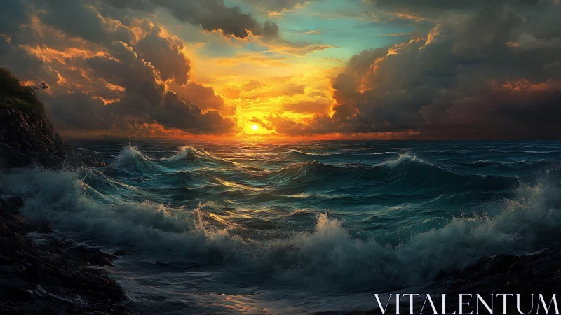 Storm-tossed ocean reflects blazing sunset between dark clouds