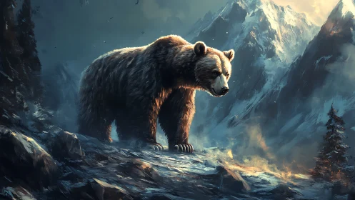 Majestic mountain bear quietly surveys its rugged winter realm