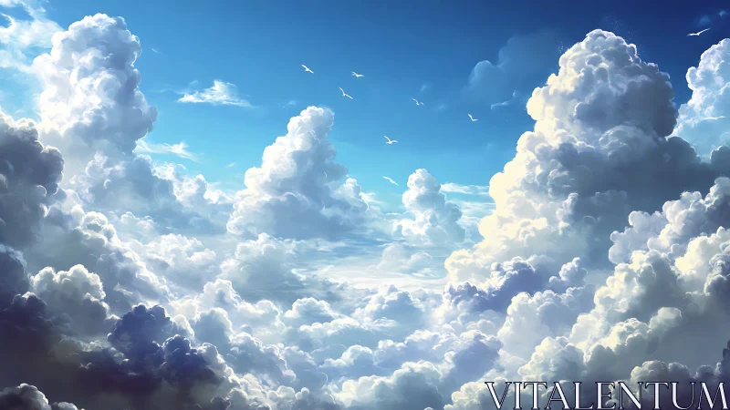 Towering cumulus cloudscape fills bright blue daytime sky