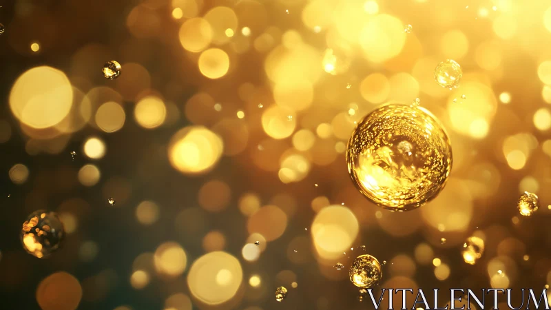 Defocused golden bokeh with suspended reflective droplets in depth