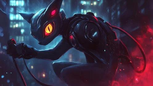 Cybernetic feline figure in neon urban night environment.