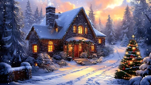 Snowlit stone cottage glows with enchanted Christmas warmth.