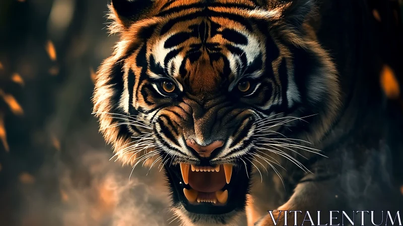 Snarling tiger portrait under molten ember backlight glow.