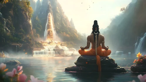 Digital painting of meditative figure before cascading temple vista.
