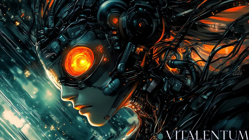Luminous cyborg dreamer wired into a neon city night.