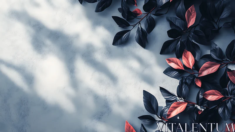 Midnight foliage framing cool concrete with coral accents.