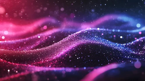 Vibrant Abstract Waves of Glowing Pink and Blue Particles Digital Art.