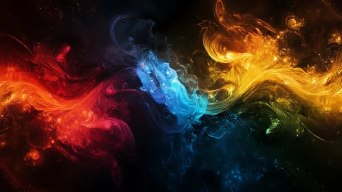 Multicolored swirling energy forms on dark abstract field.