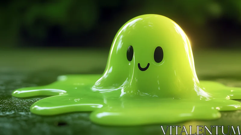 Cute neon green slime character on soft blurred background.