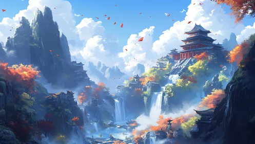Tiered mountain temples amid cascades and autumn mist.