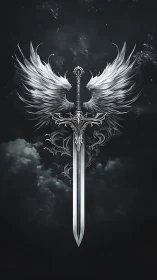 Winged silver longsword with ornate filigree on dark sky.