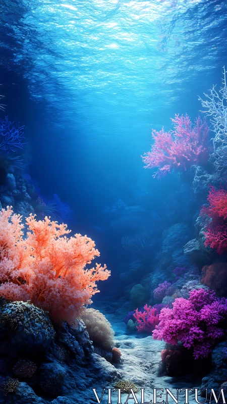 Colorful coral reef rises below bright sunlit ocean surface.