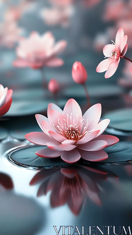 Soft pink water lilies drift on glassy, reflective water.